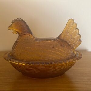 Vintage Amber Glass Hen Bowl